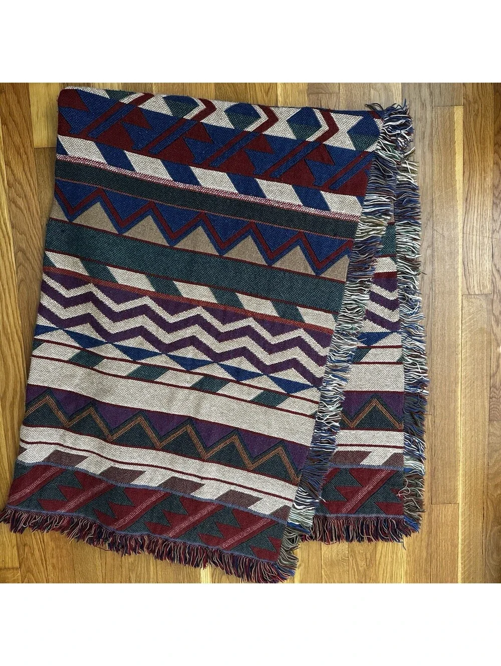 Vintage Tapestry Throw Blanket 1990s Southwestern Fringe Woven Western Red Aztec